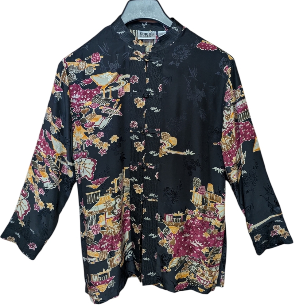 Chico's Vintage 100% Silk Asian Inspired Print Mandarin Collar Top Size 0 Small - Picture 4 of 11